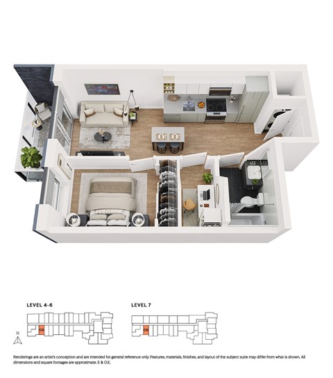 Floor plan for 1 bed, 1 bath, 422 sqft